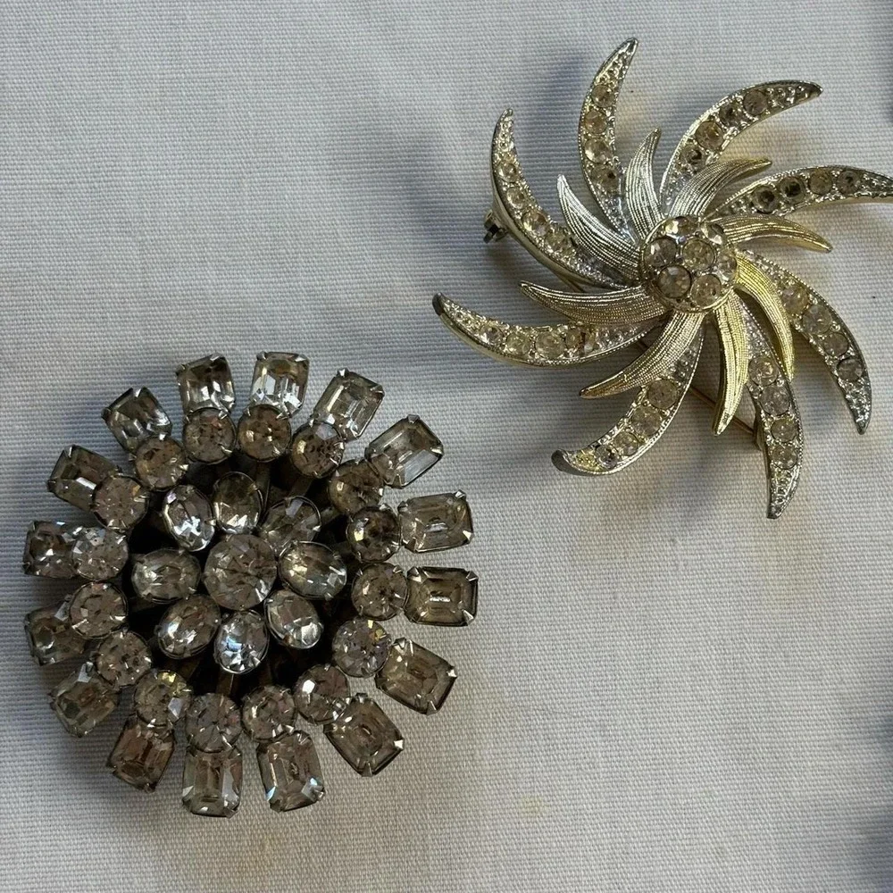 Lot of 6 Vintage Brooches and Earrings Silver Pearls Rhinestones Floral Grape